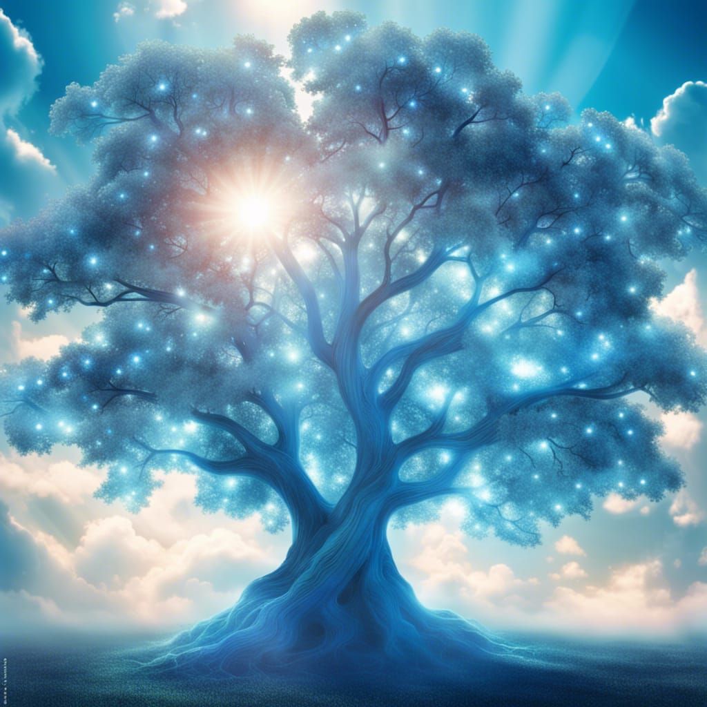 Glowing Blue Tree in Heavenly Light