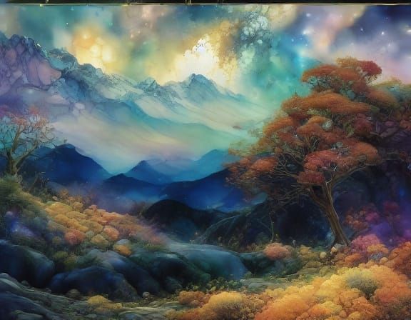 Majestic Mountains and Waterfall in Autumnal Oil Painting St...