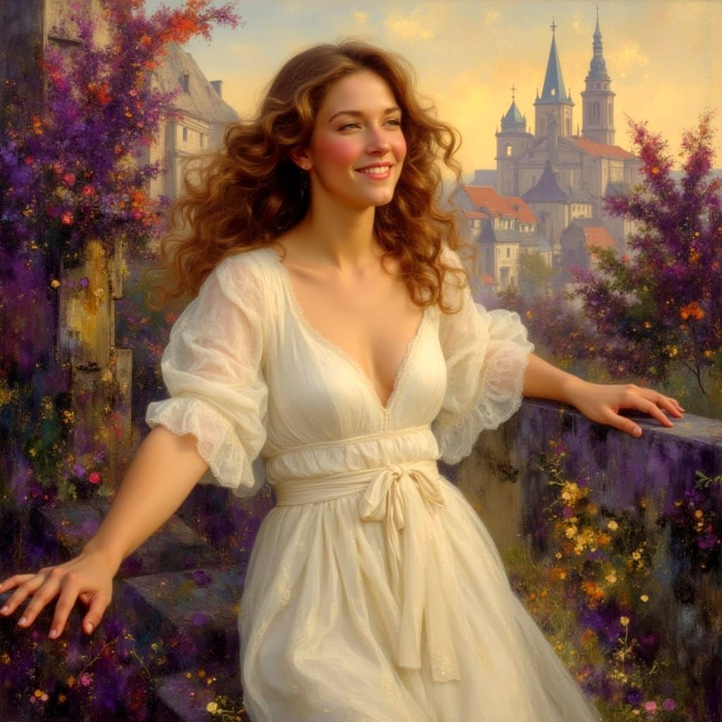 Woman Smiling in Old English Town Illuminated by Unity's Lig...