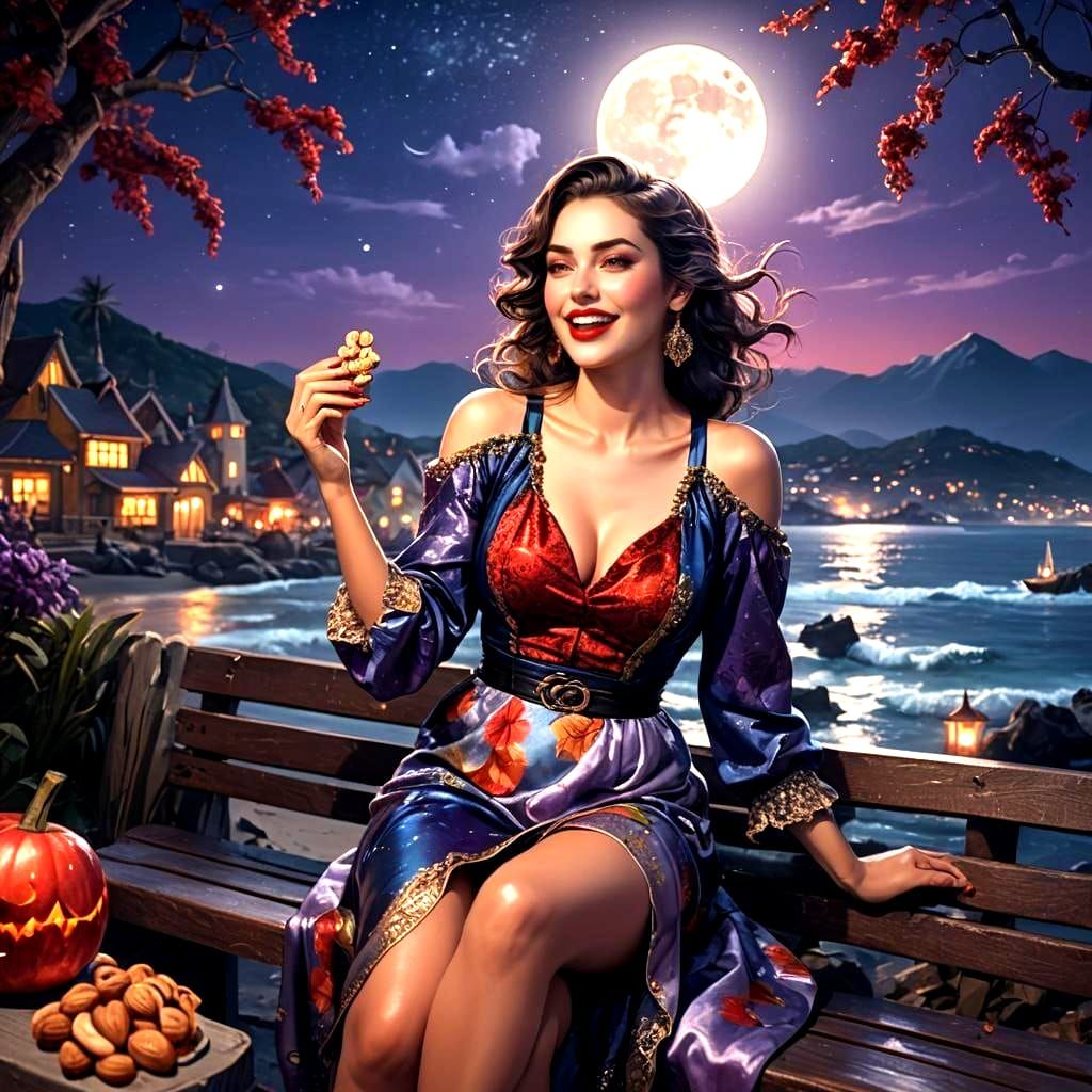 Stylish Woman on Bench with Ocean Waves in Digital Art