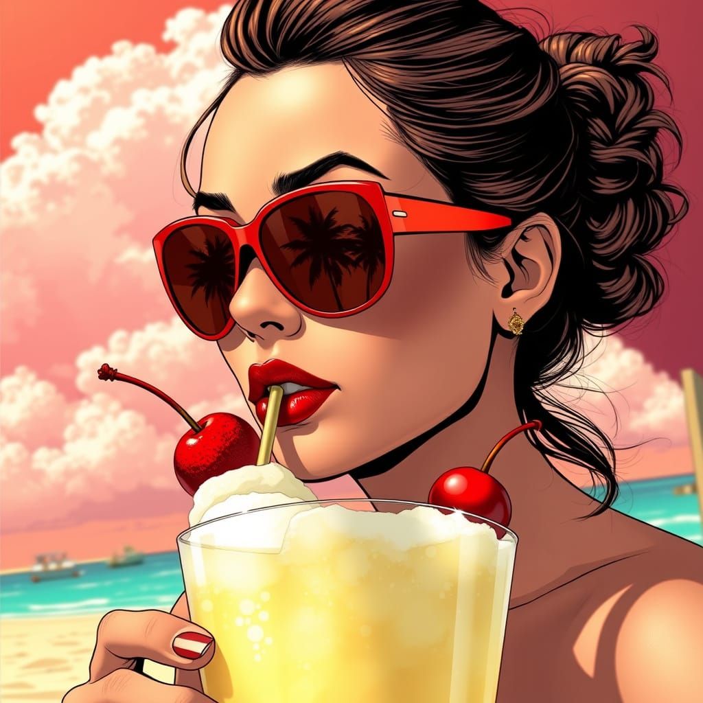 Woman with Red Sunglasses on Beach, Comic Book Style