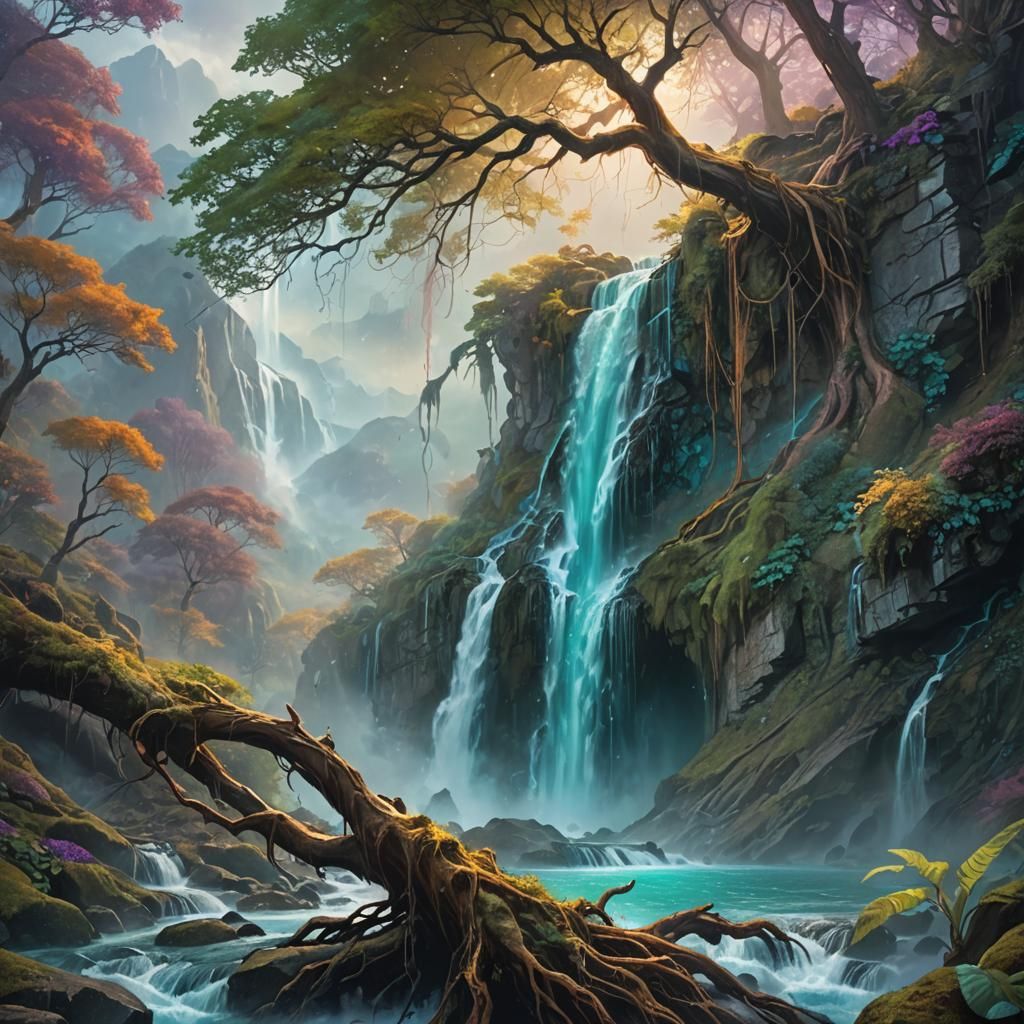 Fantasy Waterfall Concept Art in Misty Mountains