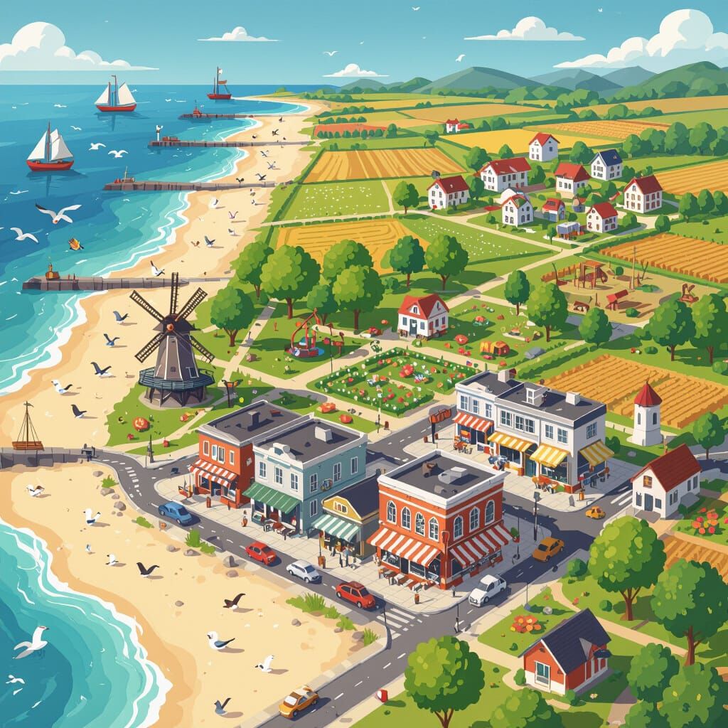 Vibrant Modern Landscape with Beach, Marketplace, and Villag...