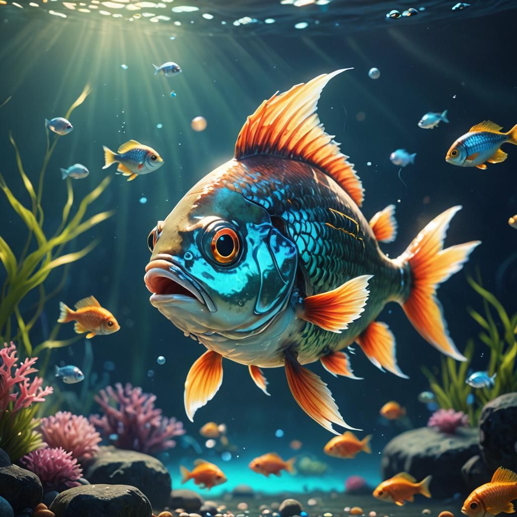 Surreal Fish Parody in Detailed Anime Art Style