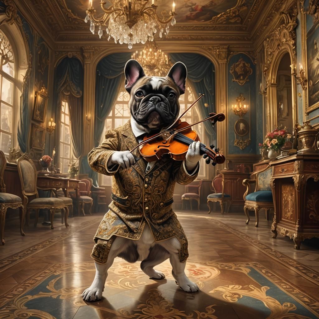 French Bulldog Violinist in Ornate Room, Medieval Style