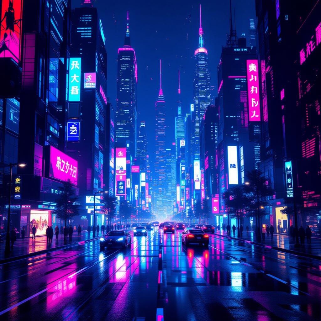 Futuristic Cityscape at Night in Neon Synthwave Style
