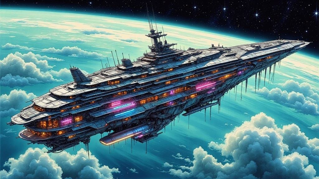 Interstellar Cruise Ship Orbiting Planet in Sci-Fi Style