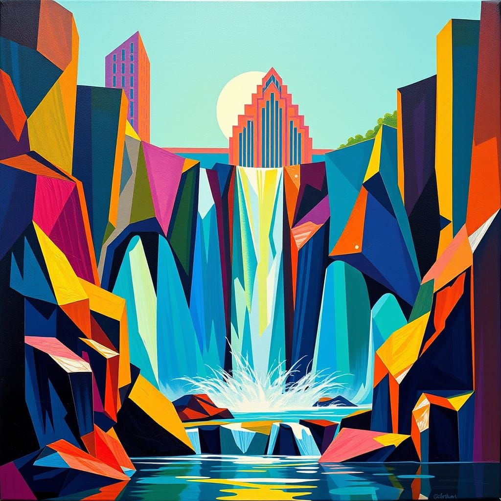 Surreal Cubist Landscape with Futuristic Architecture