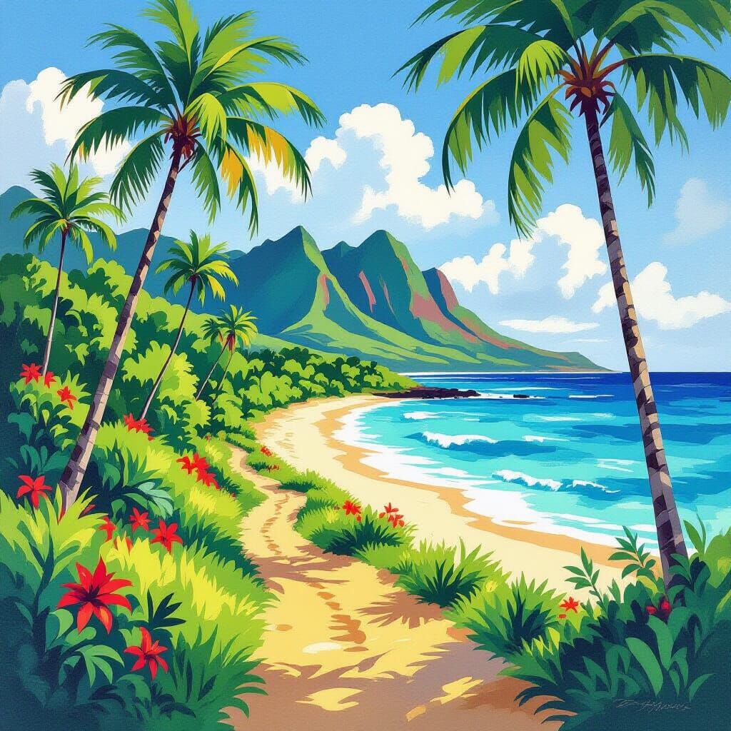 Lush Tropical Beach Scene as Watercolor