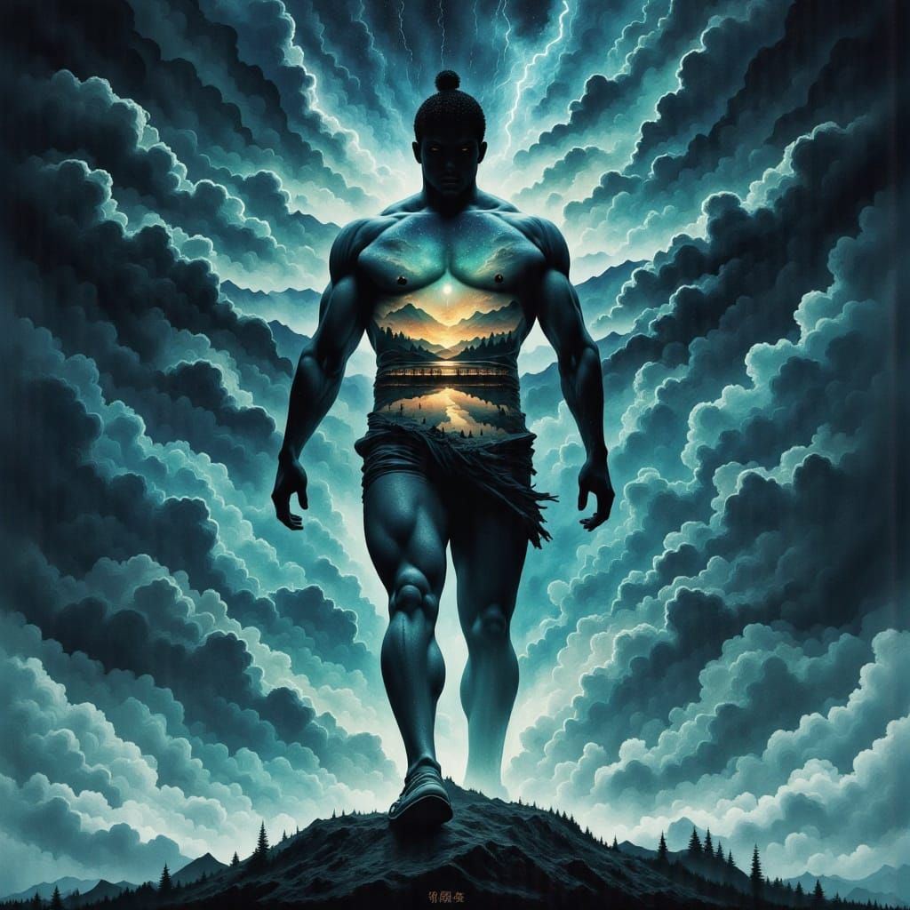 Silhouette of Susanoo, Japanese Storm God: <lora:mystic flux:1.0> <lora:Abstract Reality:1.0>