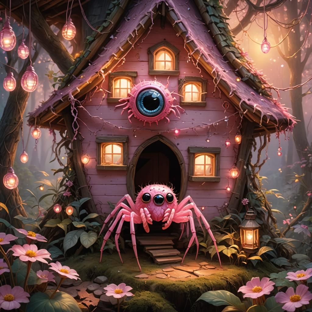 Pink Baby Spider in Forest Hut at Sunset