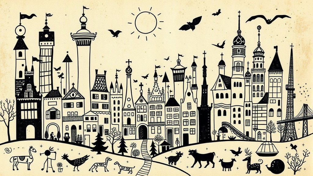 Doodle Landscape with Steampunk Elements on Vintage Paper