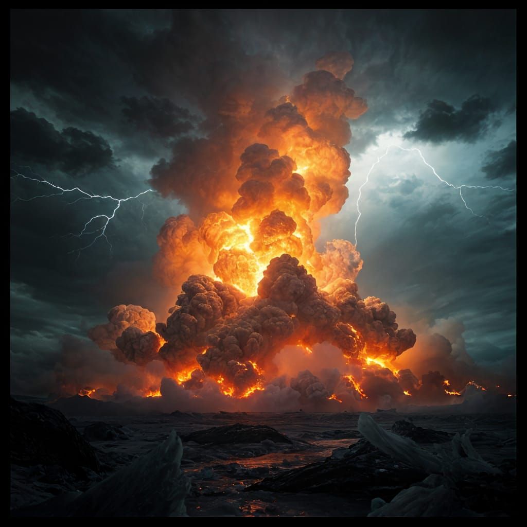 Epic Cinematic Landscape of Ice and Fire on a Dark Island