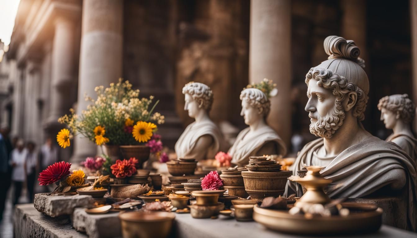 Ancient Roman Altar with Offerings in Sharp Focus