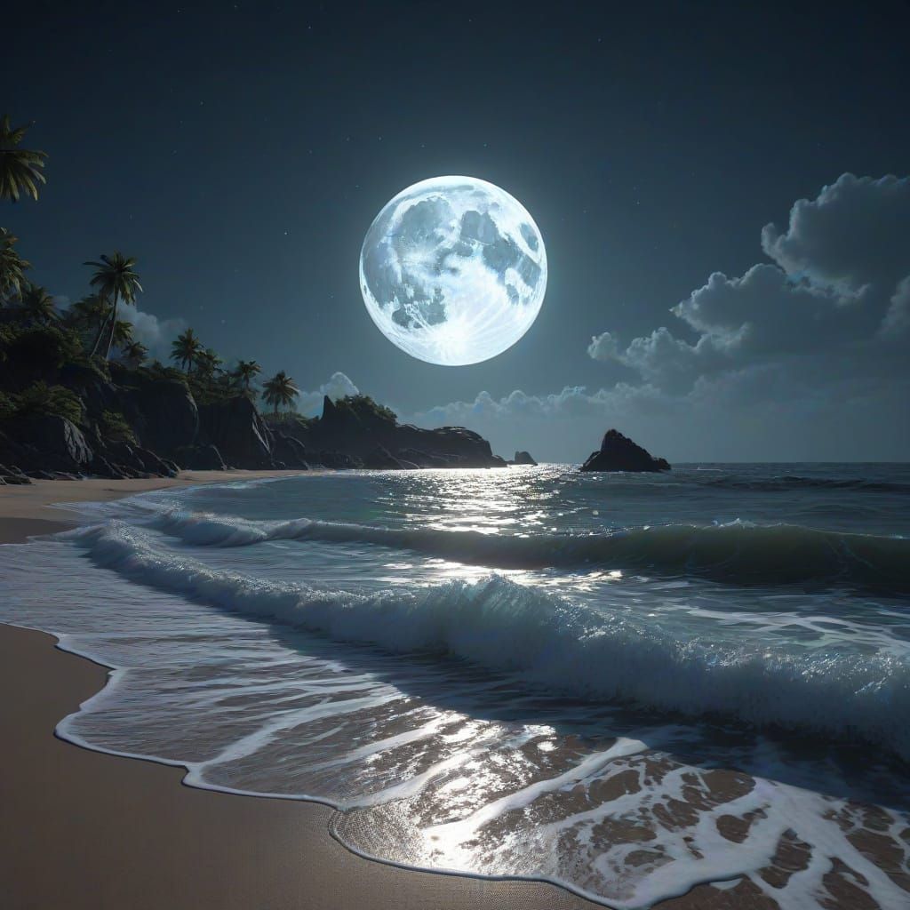 Giant Moonlit Beach at Night in Detailed Matte Painting