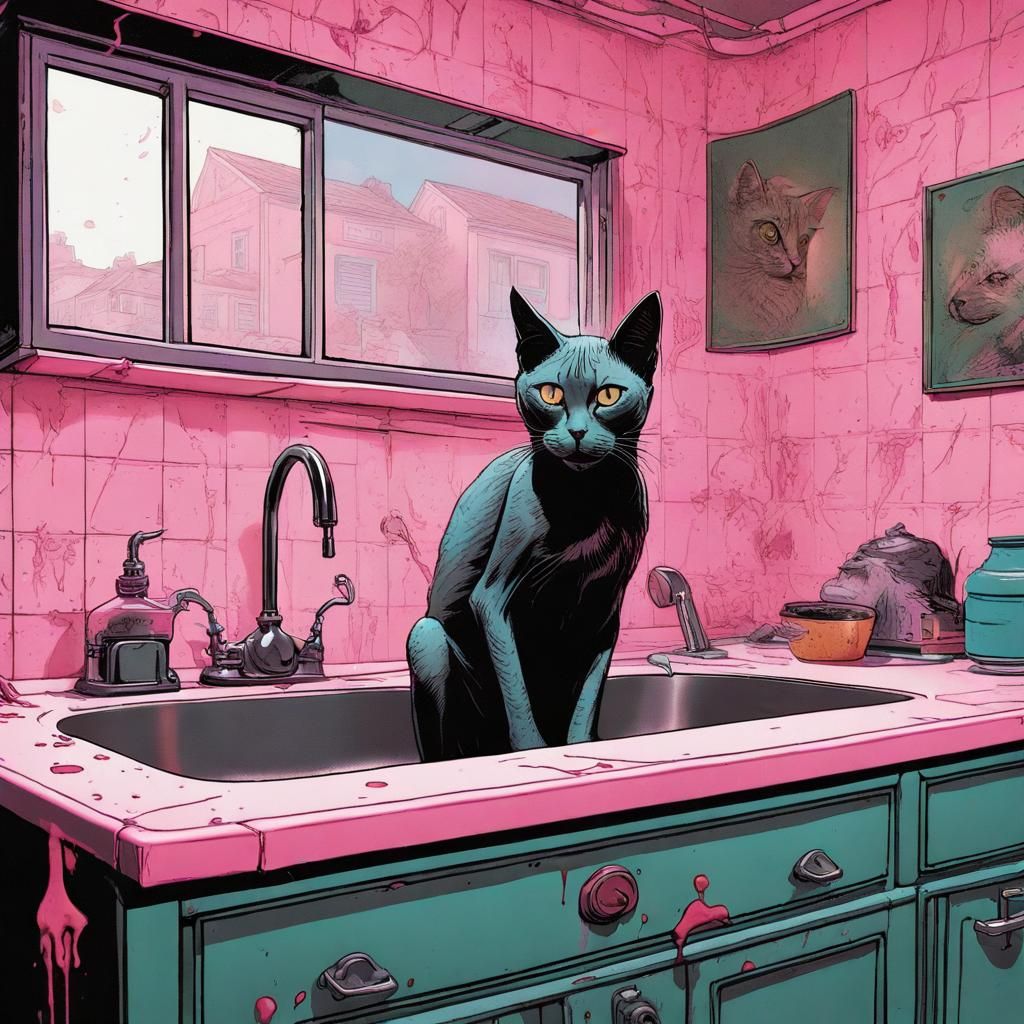 Hairless Cat Washing Bloody Hands in 80s Kitchen