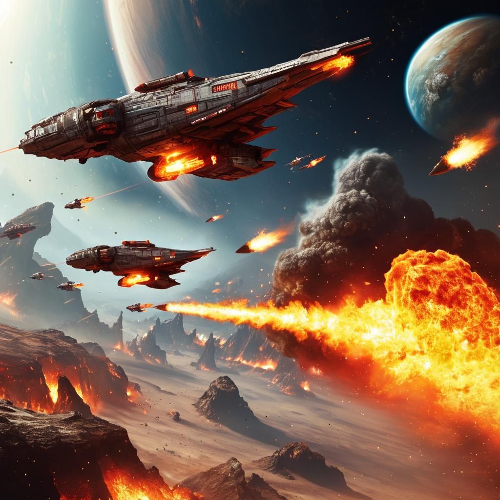 Spaceships Ablaze Over Distant Planet