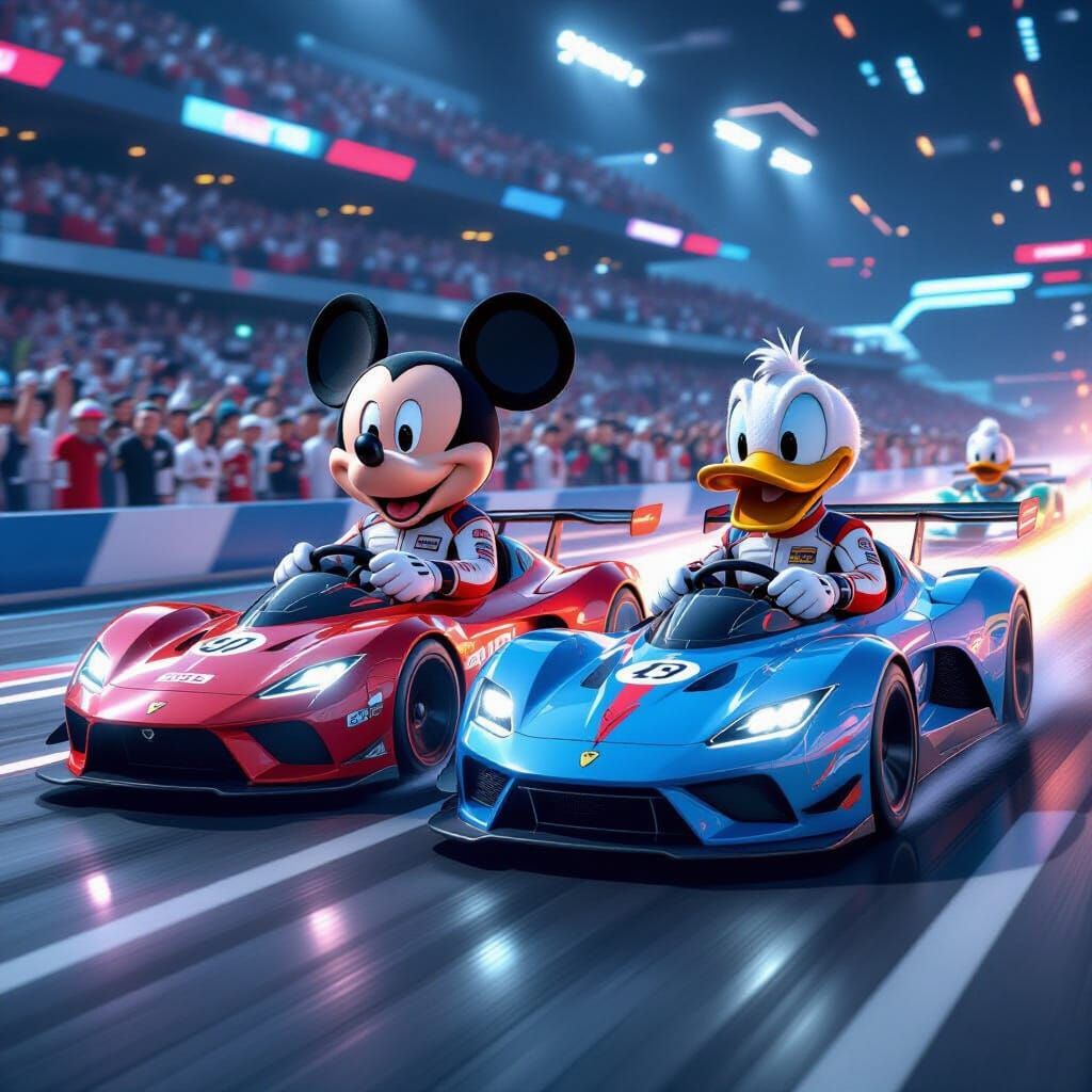 Mickey and Donald Race in Futuristic Cars