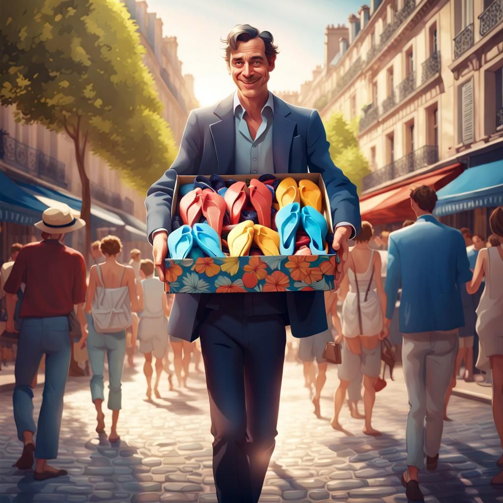 Happy Man with Flip-Flops in Paris: Digital Illustration