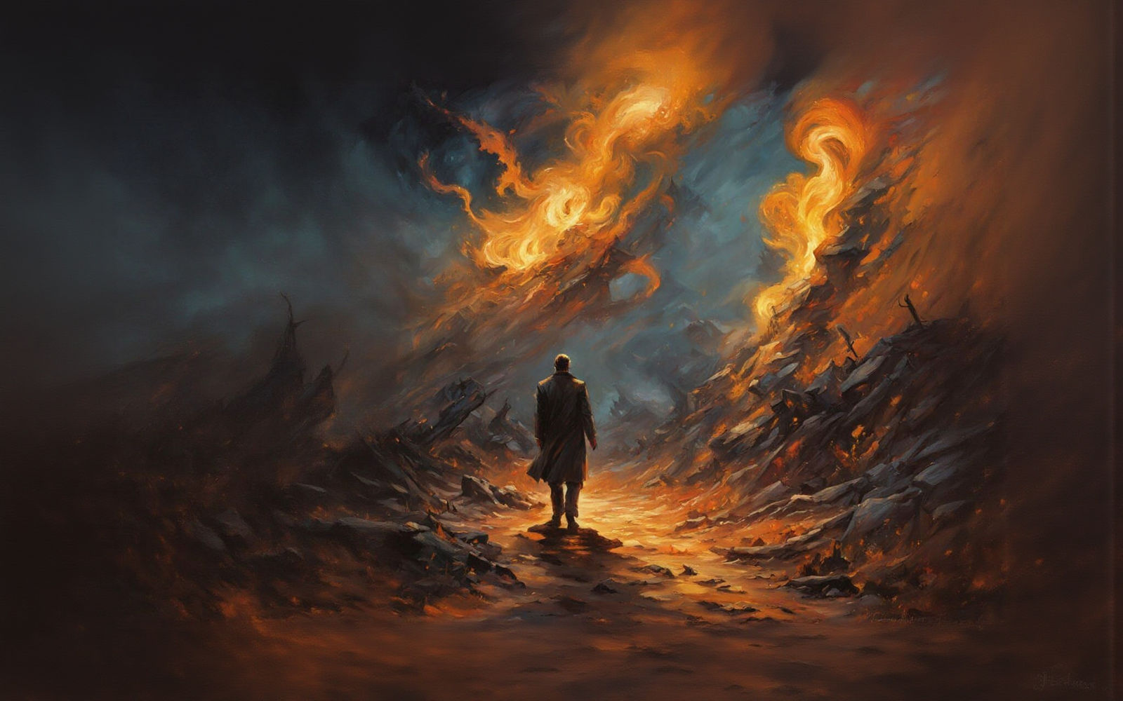 Surreal Figure Rages Against Dying Light: Oil Painting