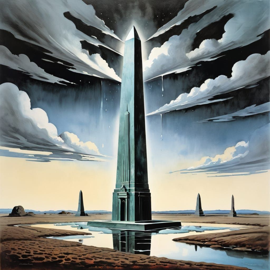 Surreal Melting Obelisk in Watercolor Style