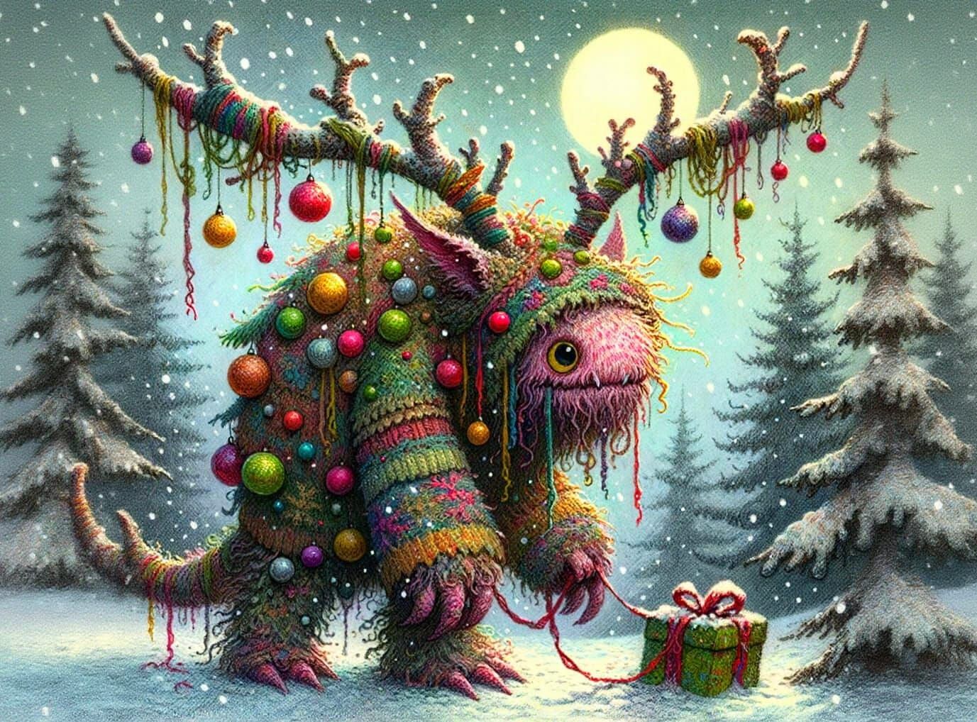 Fluffy Monster in Snowy Forest with Christmas Sweater