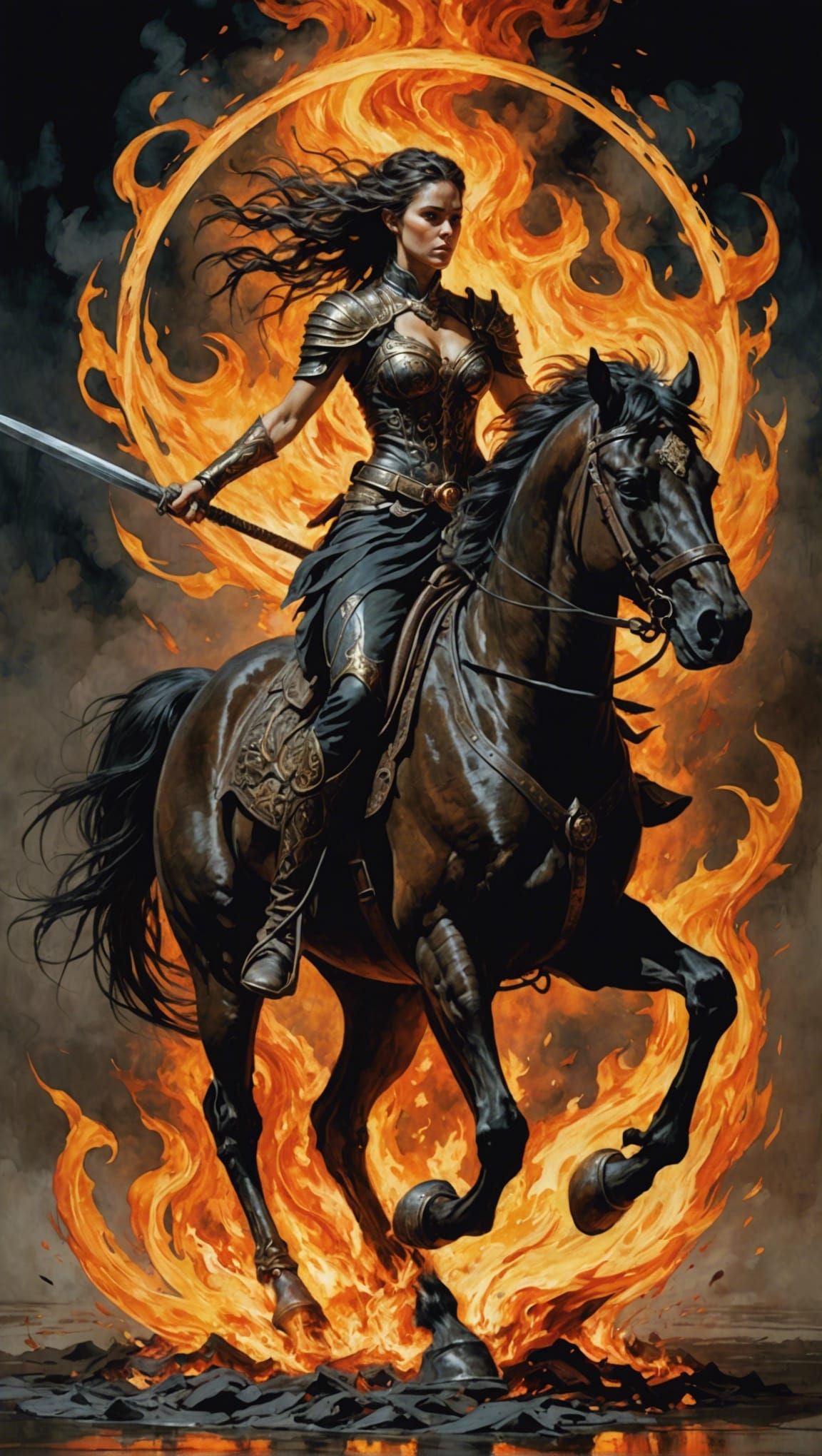 Warrior Woman on Horseback in Ring of Fire