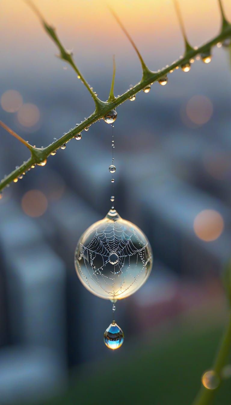 Macro Dewdrop Reflects Miniature Cityscape