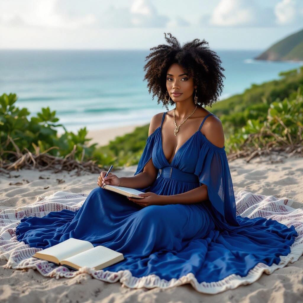 African American Goddess in Blue Dress by Ocean Woods