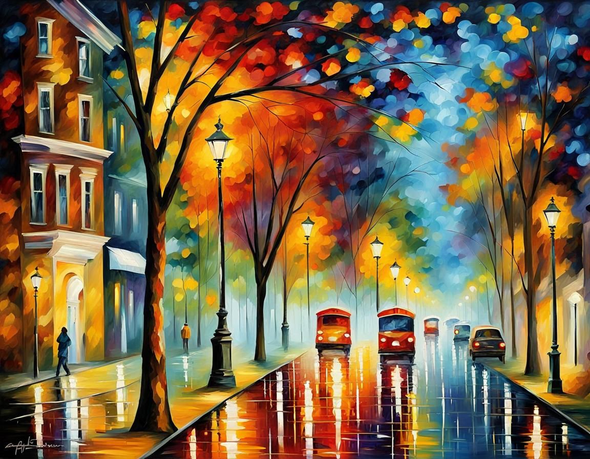 Colorful Cityscape at Night in Impasto Style