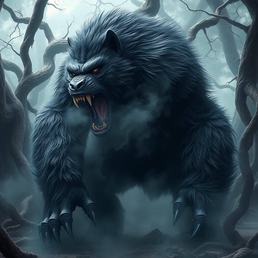 Fearsome Wolf-Gorilla Hybrid in a Haunting, Dark Fantasy Lan...