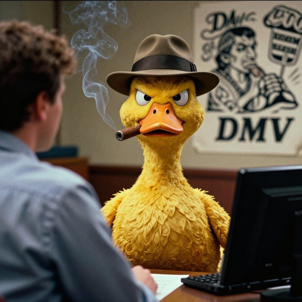 Bitter Duck in Fedora Glaring at DMV Employee