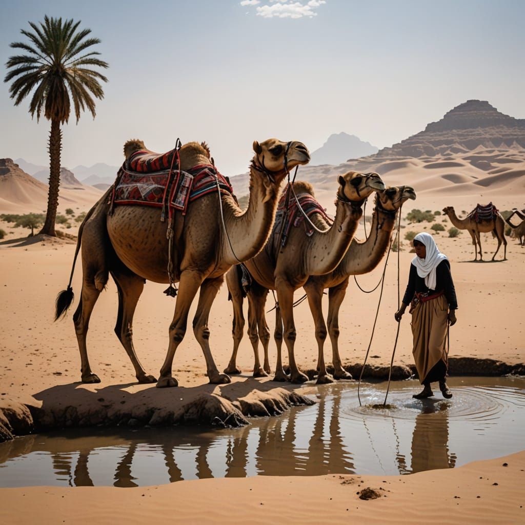 A Maiden Tends to Camels in a Desert Oasis