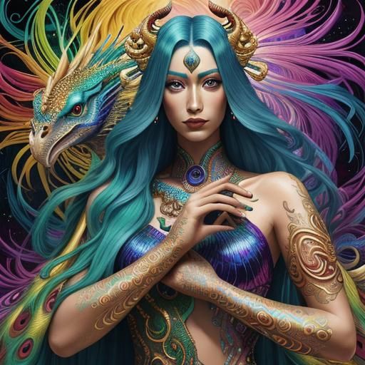 Rainbow Dragon Woman Portrait, Surreal 3D Sculpture
