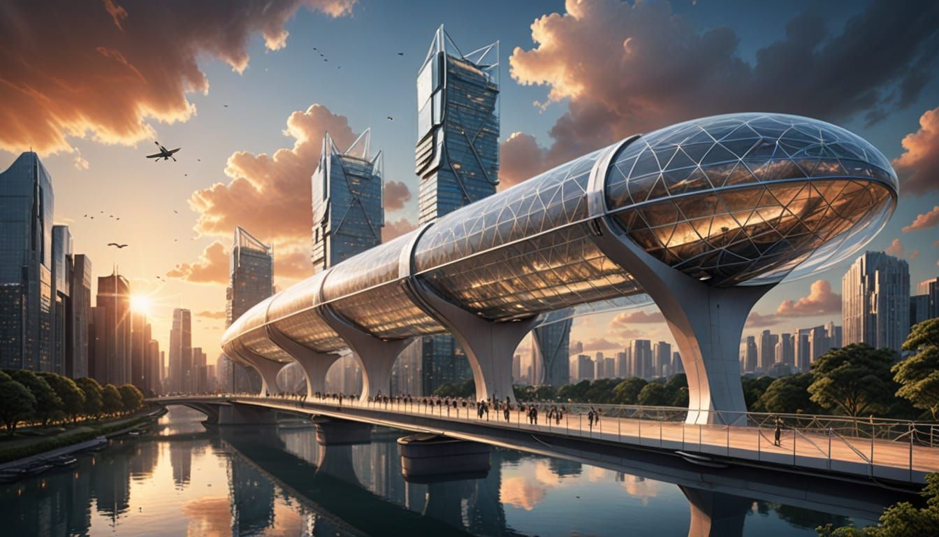 Futuristic Cityscape with Biomimicry and Sunset