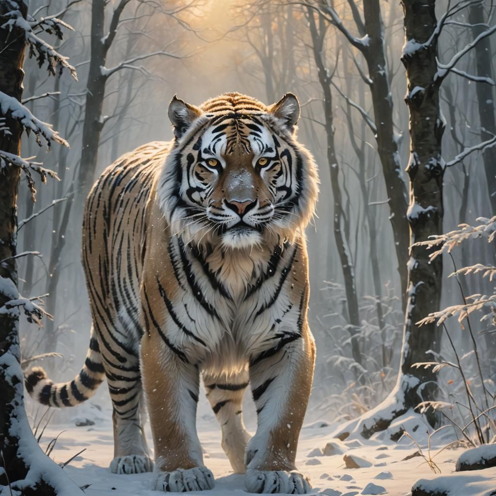 Majestic Snow Tiger in Misty Forest as Oil Painting