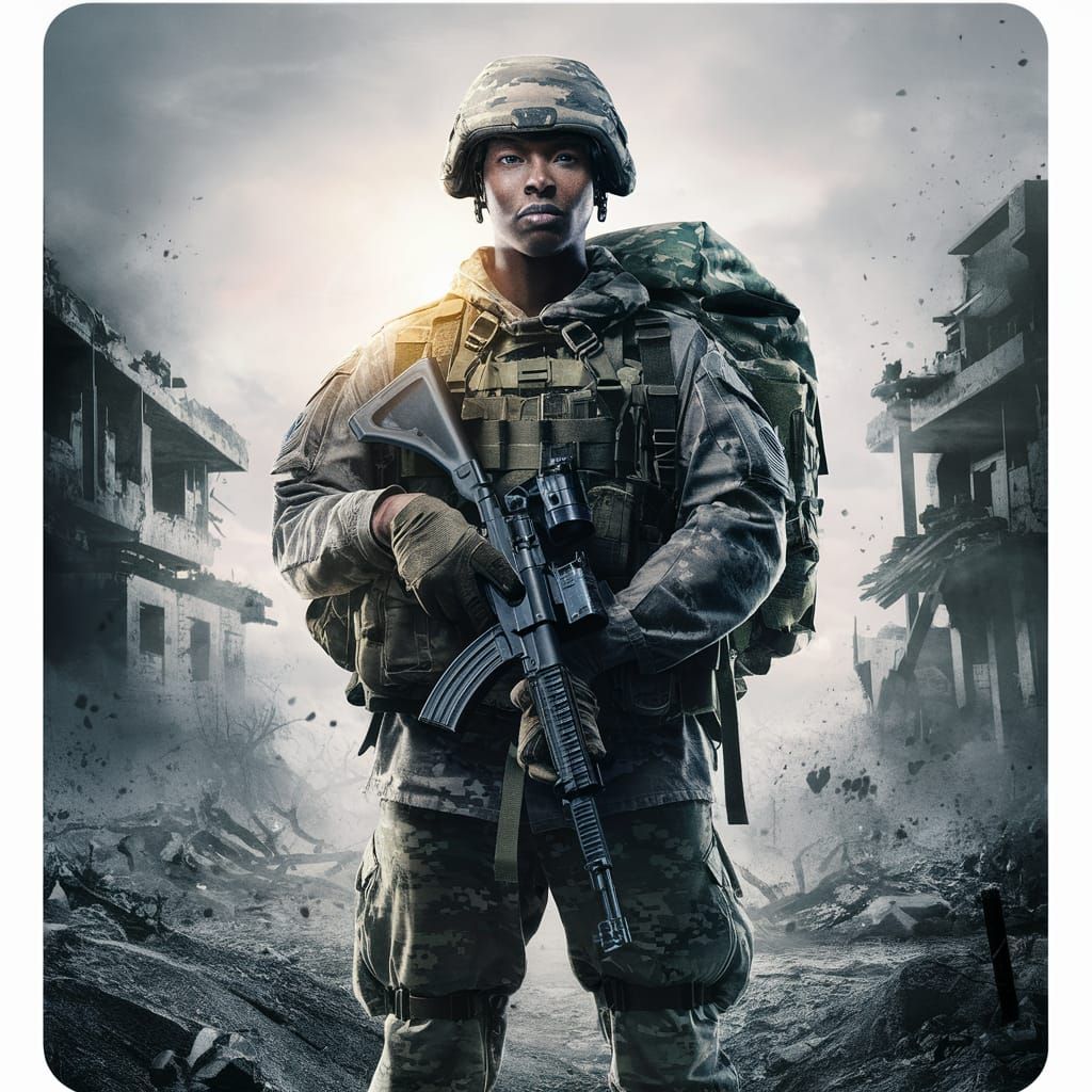 Proud Soldier in Full Gear on Battlefield