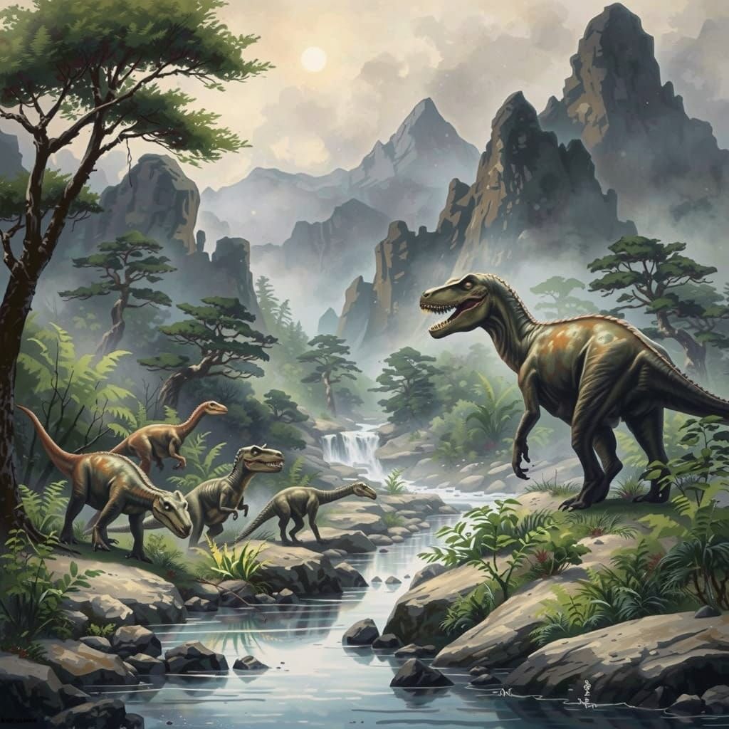 Jurassic Period Sumi-e Painting with Graffiti Elements