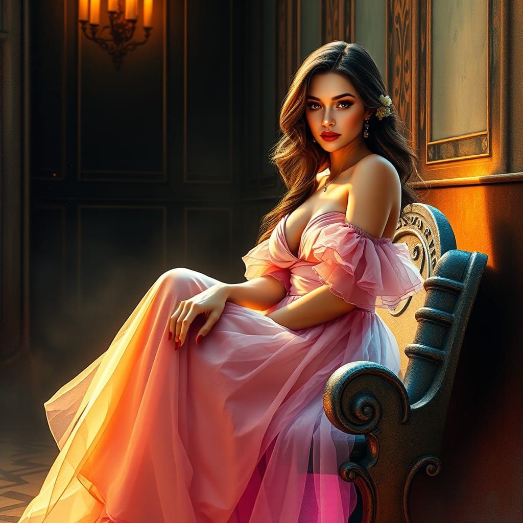 Elegant Woman in Ornate Room, Futuristic Digital Art