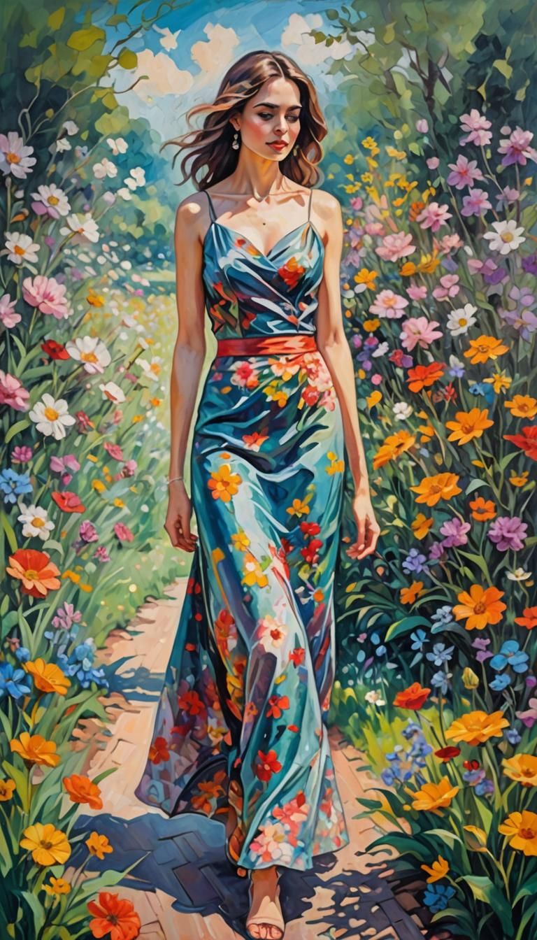 Seductress Among Flowers: Neo-Impressionist Chalk Drawing