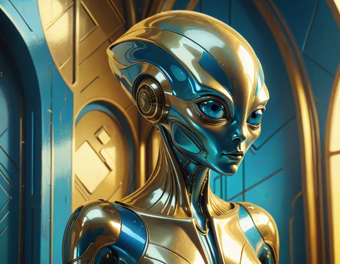 Dieselpunk Alien Portrait in Metallic Digital Art