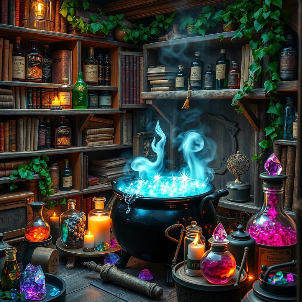 Enchanted Apothecary with Glittering Potions