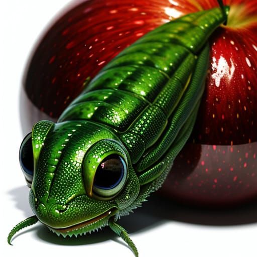 Green Worm Inside Apple in Pixel Art Style