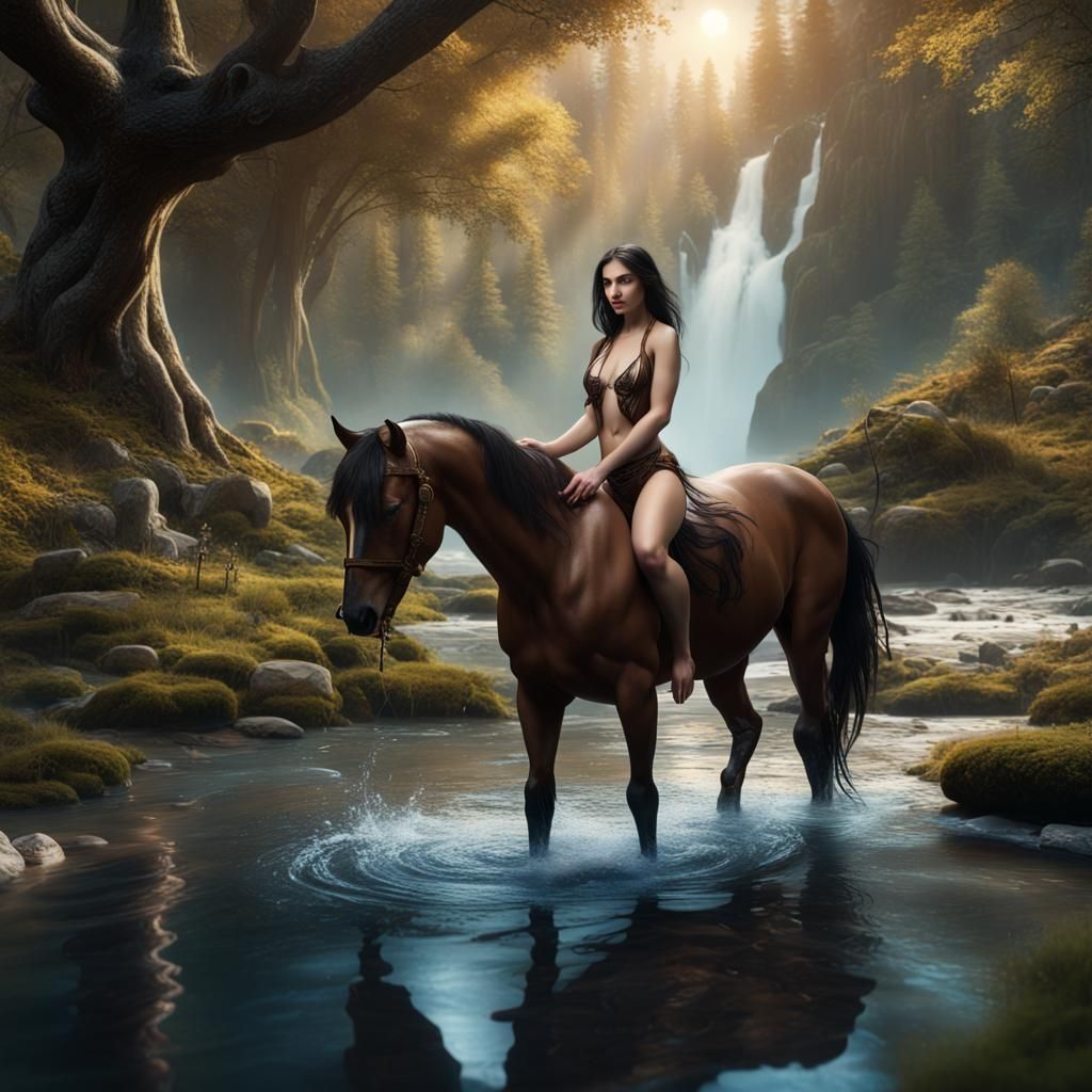 Woman, Stallion, and Magical Forest Scene