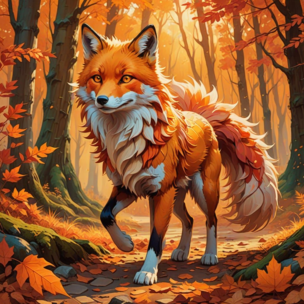 Nine-Tailed Fox in Autumn Forest Oil Painting