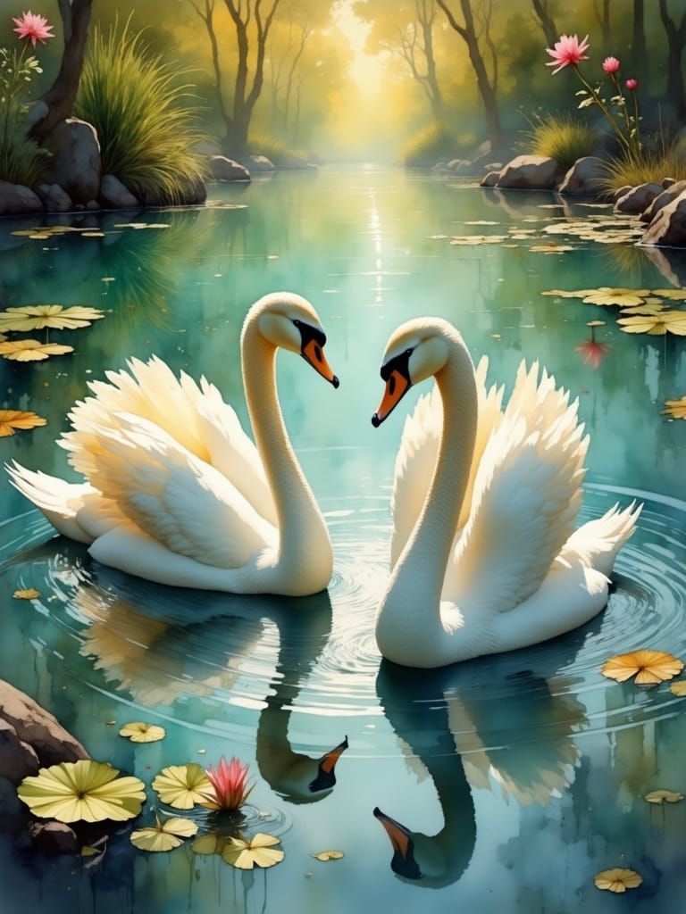 Surreal Water Scene with Majestic Swans in Harmony