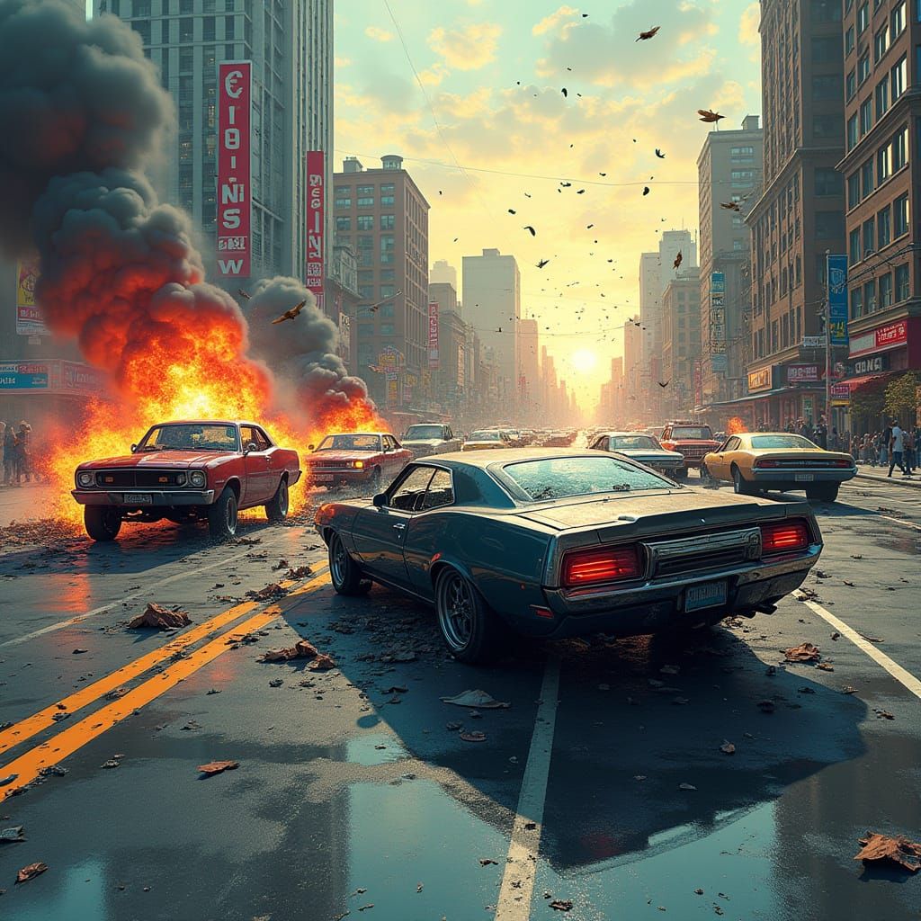 Gritty Urban Car Crash Scene in High-Octane Style