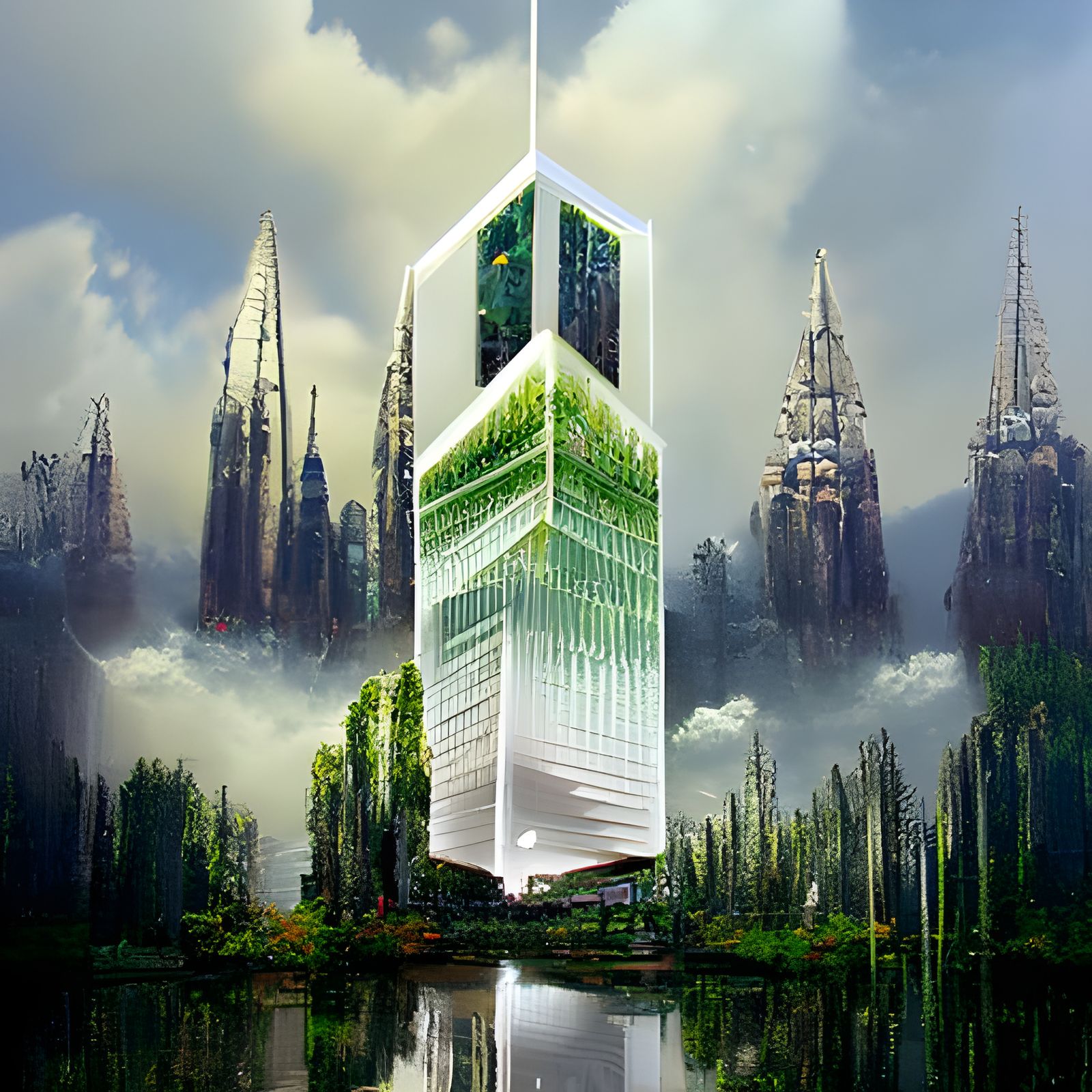Magical Cityscape with Towering Skyscraper