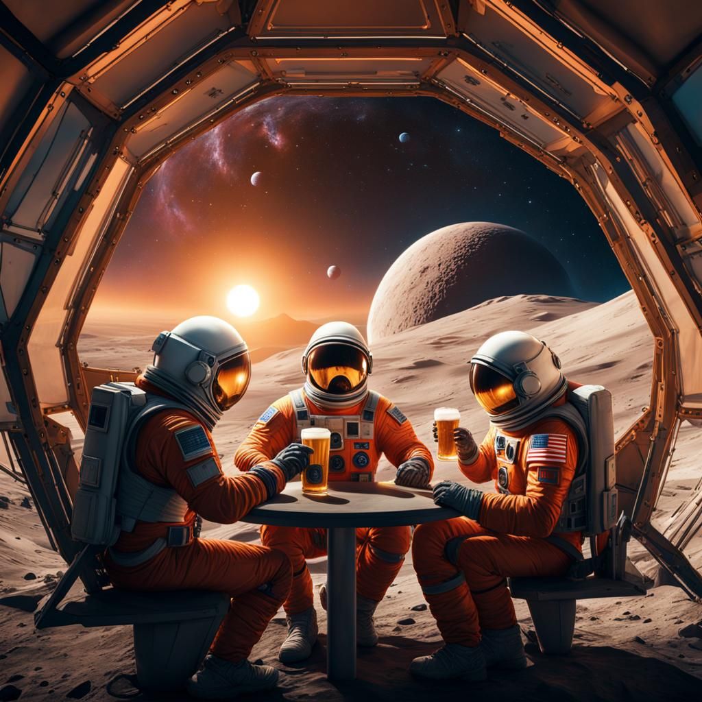 Astronauts Enjoying Beers in Lunar Dome: Digital Matte Paint...