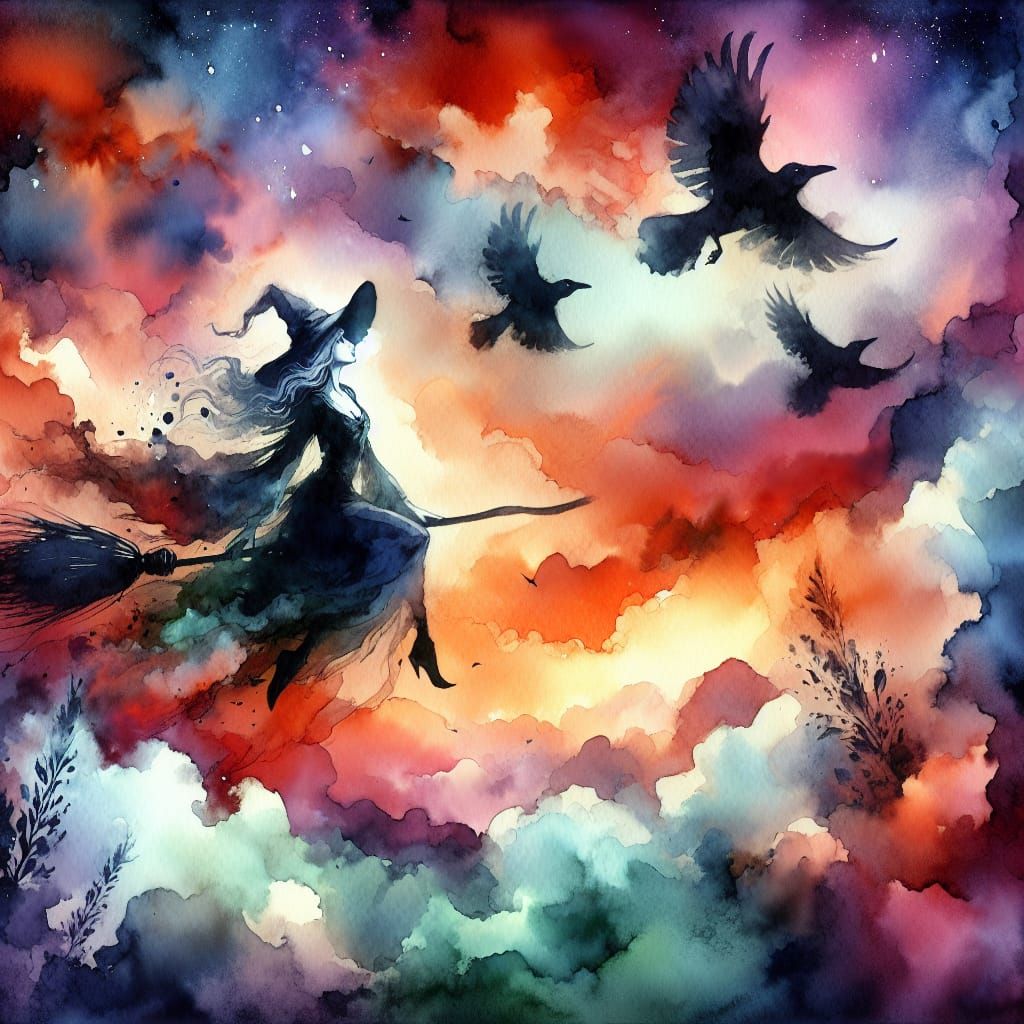 Whimsical Witch Twilight Flight in Watercolor
